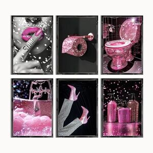 Pink glitter Art Print  Color Pop Art Bathroom Wall Decor Set unframed (6)